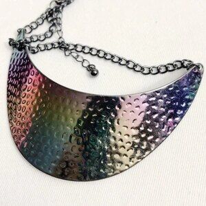Pearlescent Stamped Metal Crescent Collar Necklace